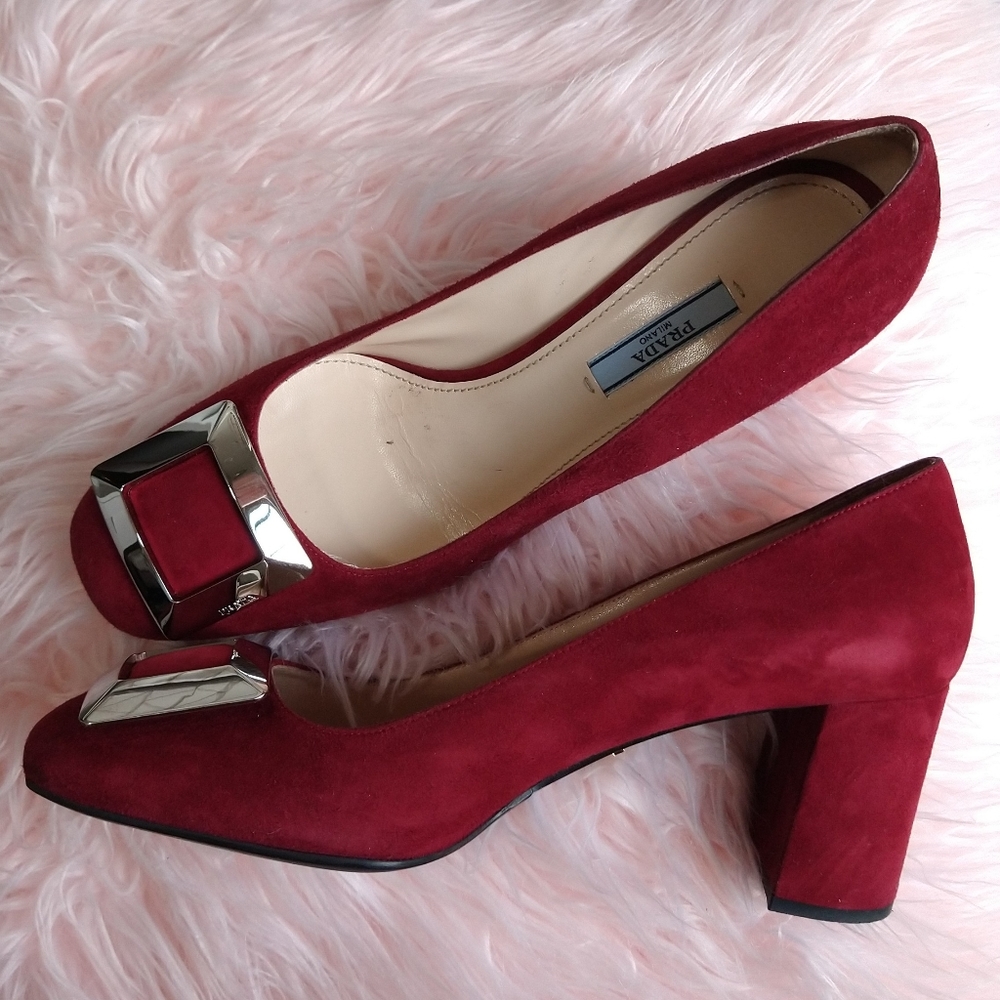 Prada Women’s Red Suede Block Heel Pumps with Silver Buckle